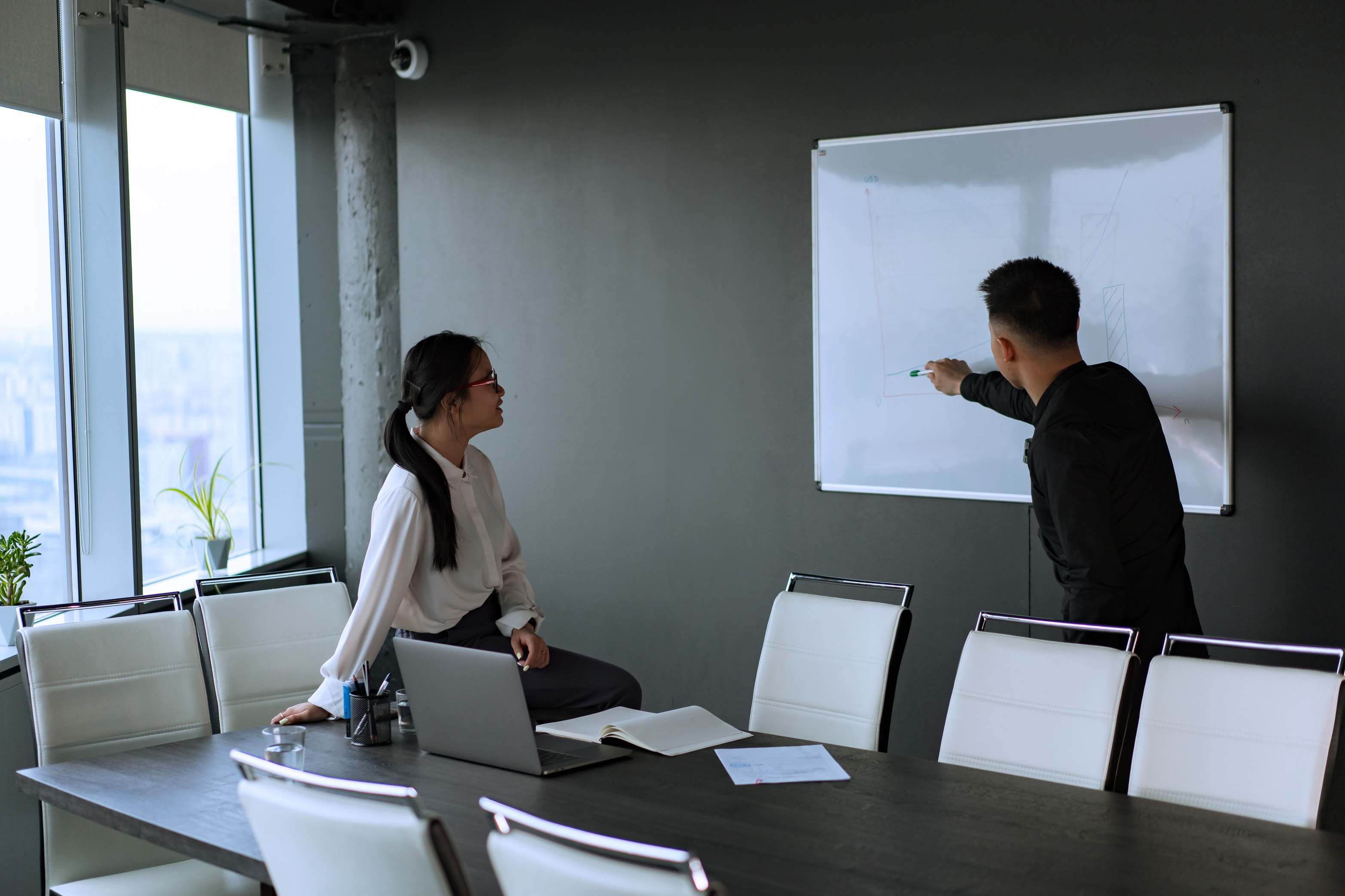 Office meeting with whiteboard presentation for planning